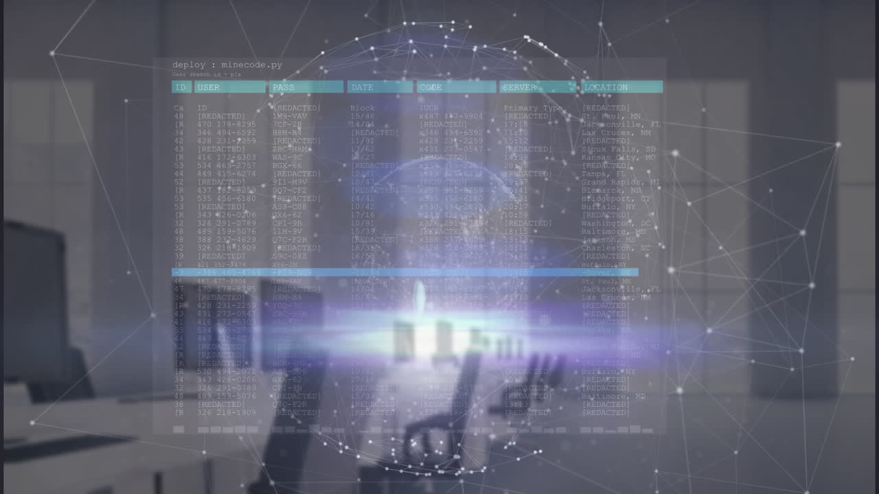 빈 사무실에 대한 추상적인 인터페이스를 통해 지구를 형성하는 연결된 점의 애니메이션