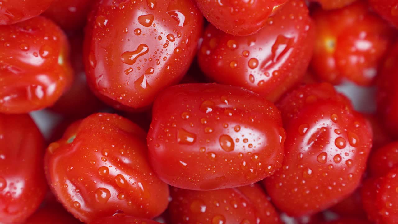 Vista macro di pomodorini freschi coperti di goccioline d'acqua, che evidenzia la buccia lucida, i ricchi toni rossi e la consistenza fresca. Cibo sano, prodotti biologici, freschezza, nutrizione e ingredienti naturali.
