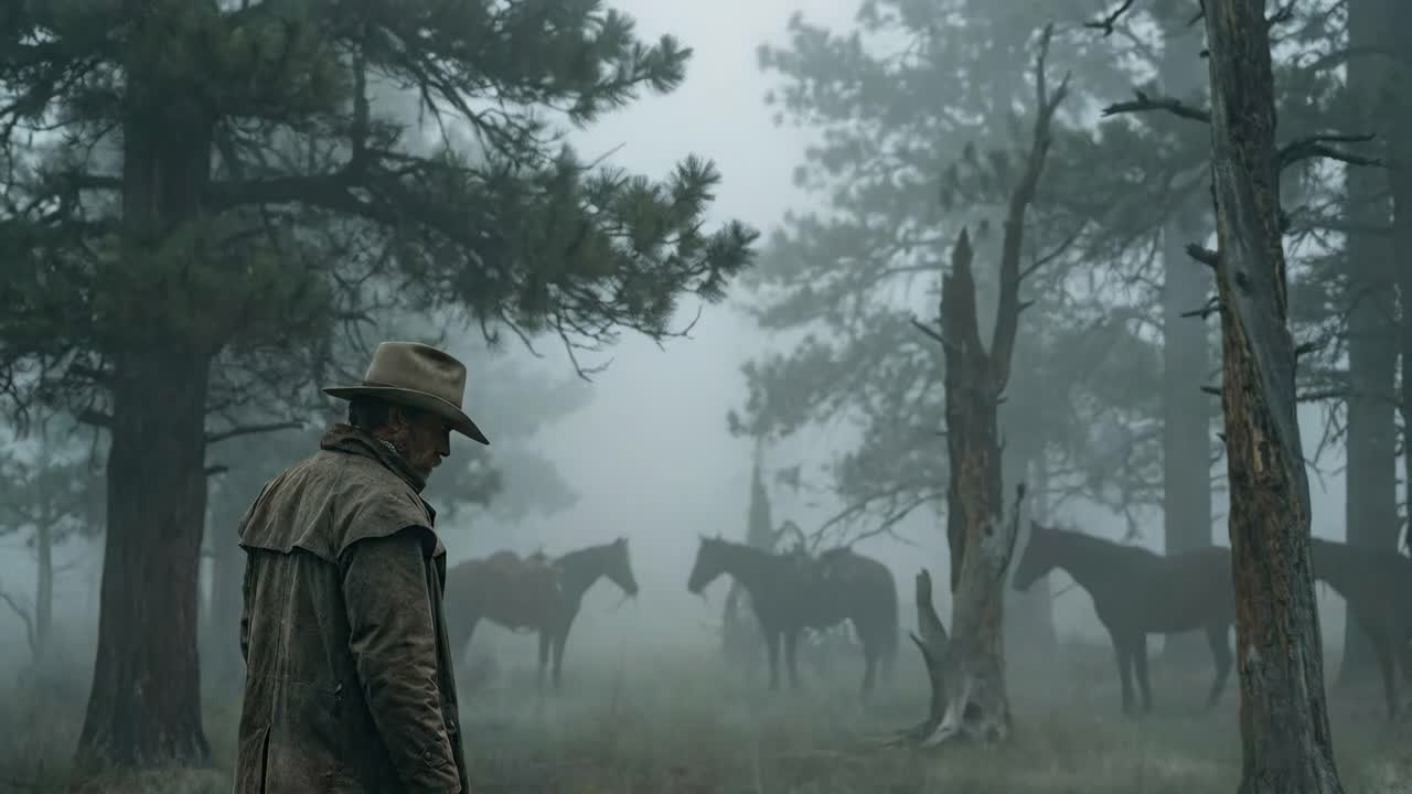 En cowboy med heste i en tåget skov