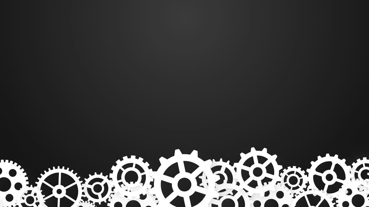 Industrial motion background, white cogwheels on black. Business cooperation seamless loop concept.