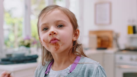 messy, chocolate and face of girl in kitchen