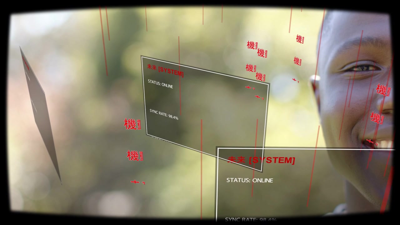 Man entering frame and smiling, reacting to HUD panels coming online and syncing tech glyphs