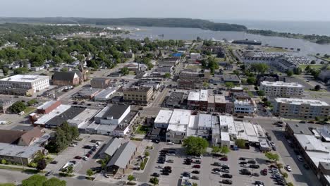 aerial view of a small town near a lake