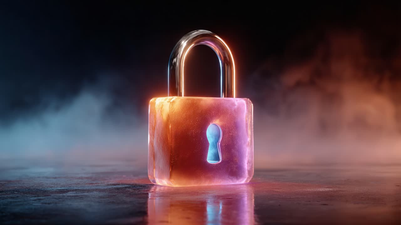A Mesmerizing Glacial Lock: Stunning Visuals of an Ice Padlock Bathed in Ethereal Light, Set Against a Misty Background, Symbolizing Security and Mystery