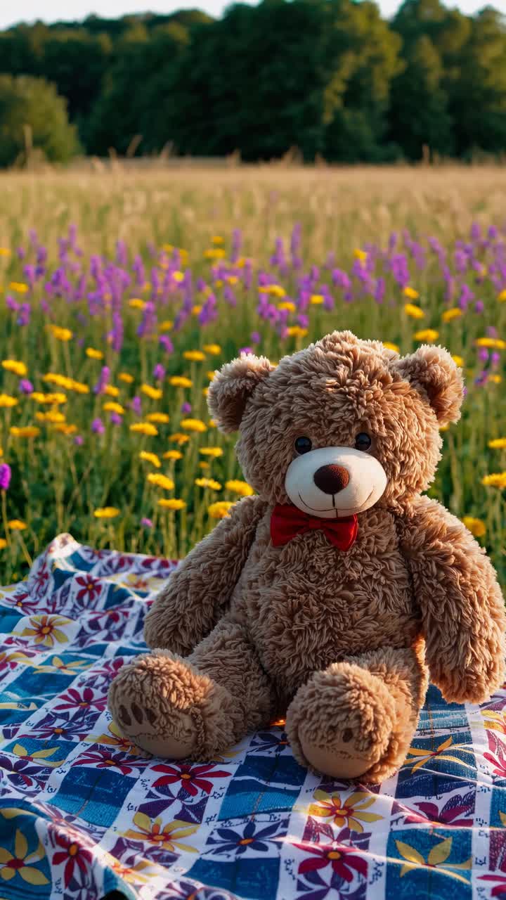 Un morbido orsetto di peluche siede su una trapunta colorata in un campo di fiori selvatici, ripreso da un'angolazione bassa.