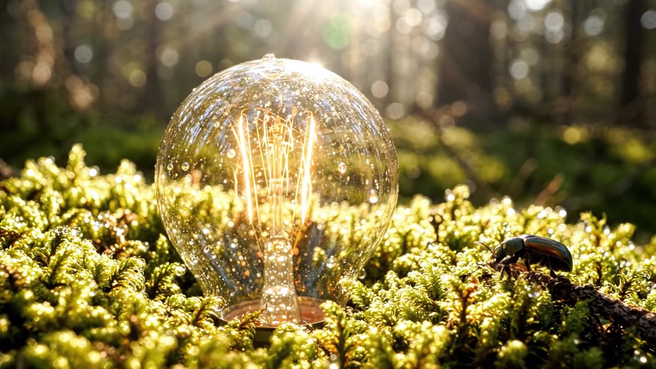 Una lampadina accesa illumina il rigoglioso suolo di una foresta, circondato da muschio vivace e un tenue bagliore di luce solare che filtra tra gli alberi, creando un'atmosfera serena e incantevole.