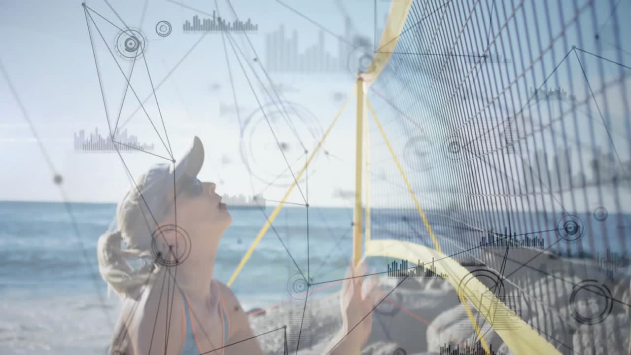 Athlète féminine scannant son adversaire au filet de plage, activant une superposition d'analyse sportive cartographiant les métriques.
