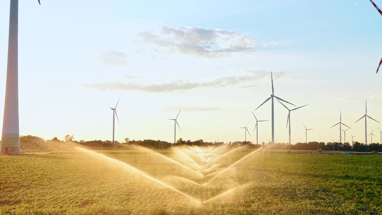 Acqua di irrigazione che spruzza su un campo coltivato verde con turbine eoliche. Un sistema automatizzato irriga terreni agricoli vicino a generatori eolici durante un soleggiato tardo pomeriggio.
