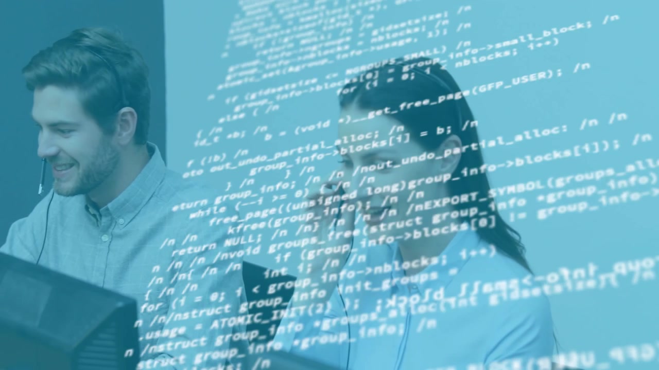Animation of digital data processing over diverse business people using phone headsets
