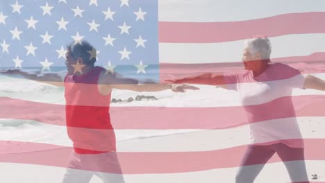 Animation-of-flag-of-united-states-of-america-over-senior-biracial-couple-exercising-on-beach
