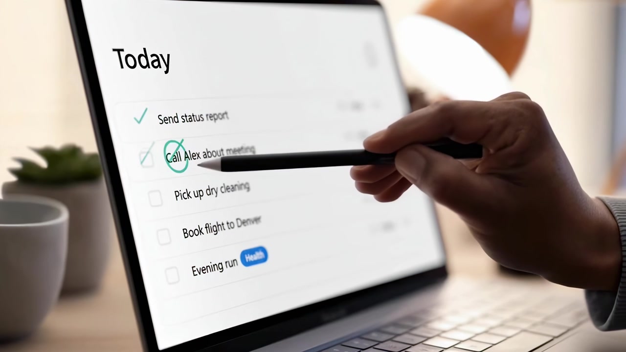 Person hakt Aufgaben mit Stylus am Laptop ab