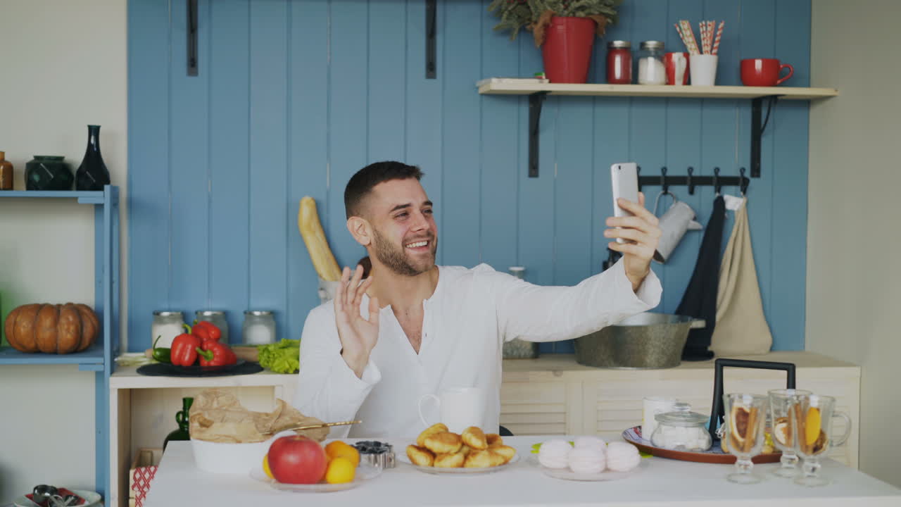 Man Taking Selfie in Kitchen During Breakfast