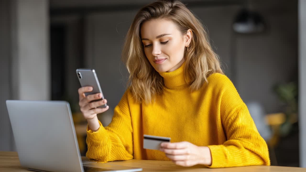 Engaged in Online Shopping, a Young Woman in a Cozy Yellow Sweater Uses Her Smartphone and Laptop to Make a Purchase, Exuding a Sense of Satisfaction and Convenience