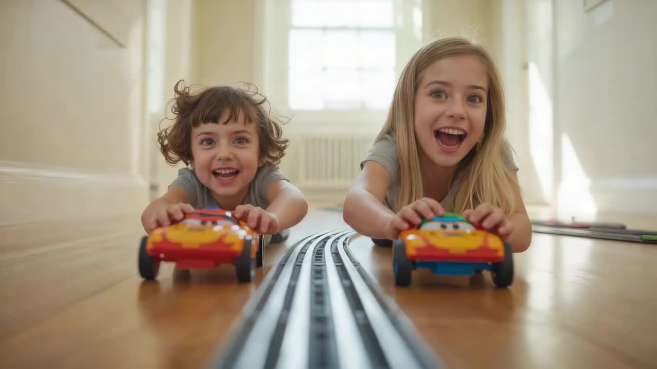 Dos niños en manga corta empujando coches de juguete sobre una pista de plástico hacia el objetivo, jugando