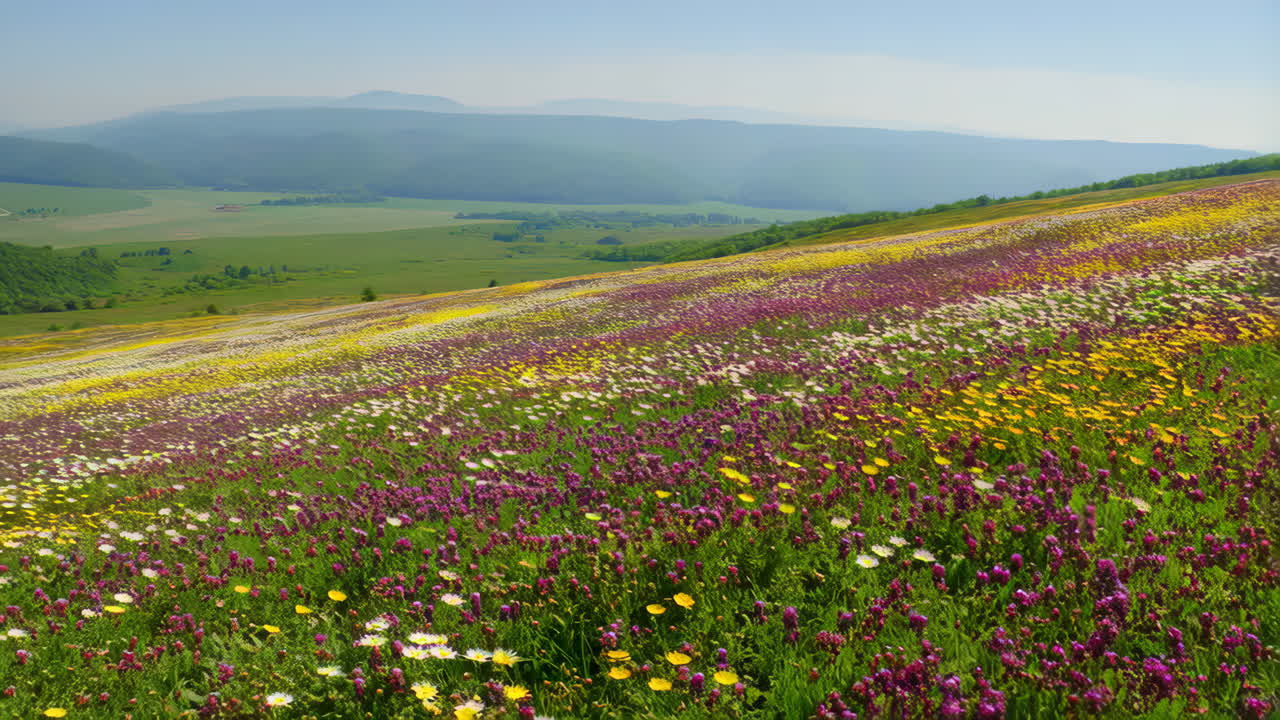 Picturesque flower meadow landscape with distant mountains