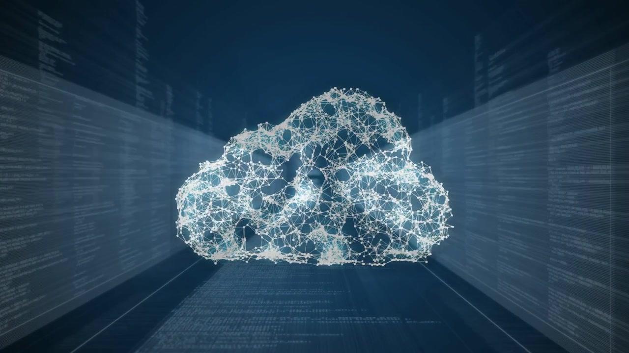 Nodes forming center, merging into cloud, shedding right, showing data flow, restoring tunnel