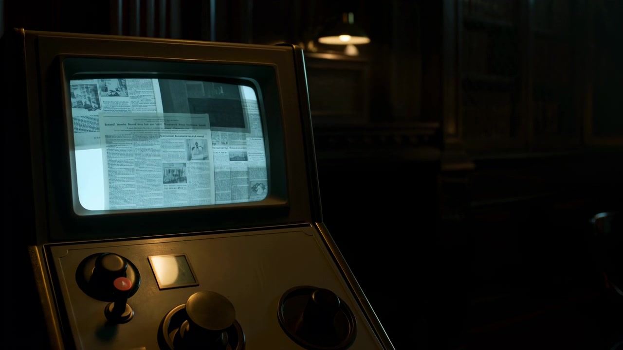 Vintage-Monitor leuchtet in dunklem Raum, Nahaufnahme einer Retro-Fernsehkonsole mit Joystick und Knöpfen, blaustichig