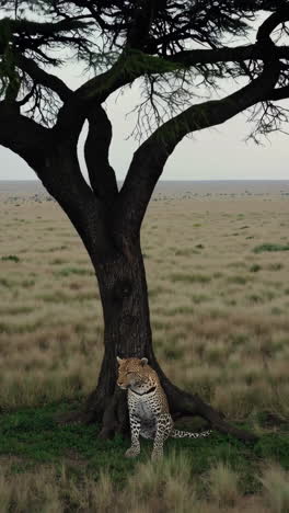 Leopard resting under a tree in the African savanna