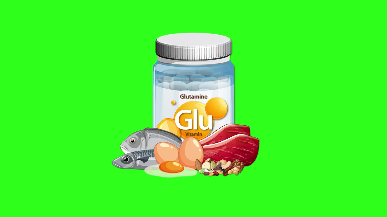 Glutamine supplement jar and protein foods appear together, smoothly transitioning on bright green background