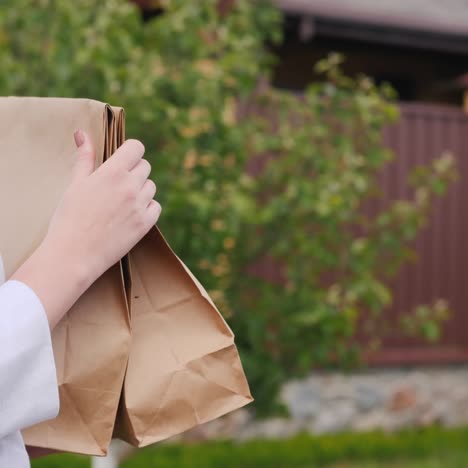 Vista-Trasera,-De,-Un,-Mujer-Joven,-Proceso-De-Llevar,-Bolsas-De-Comestibles,-A,-Ella,-Casa