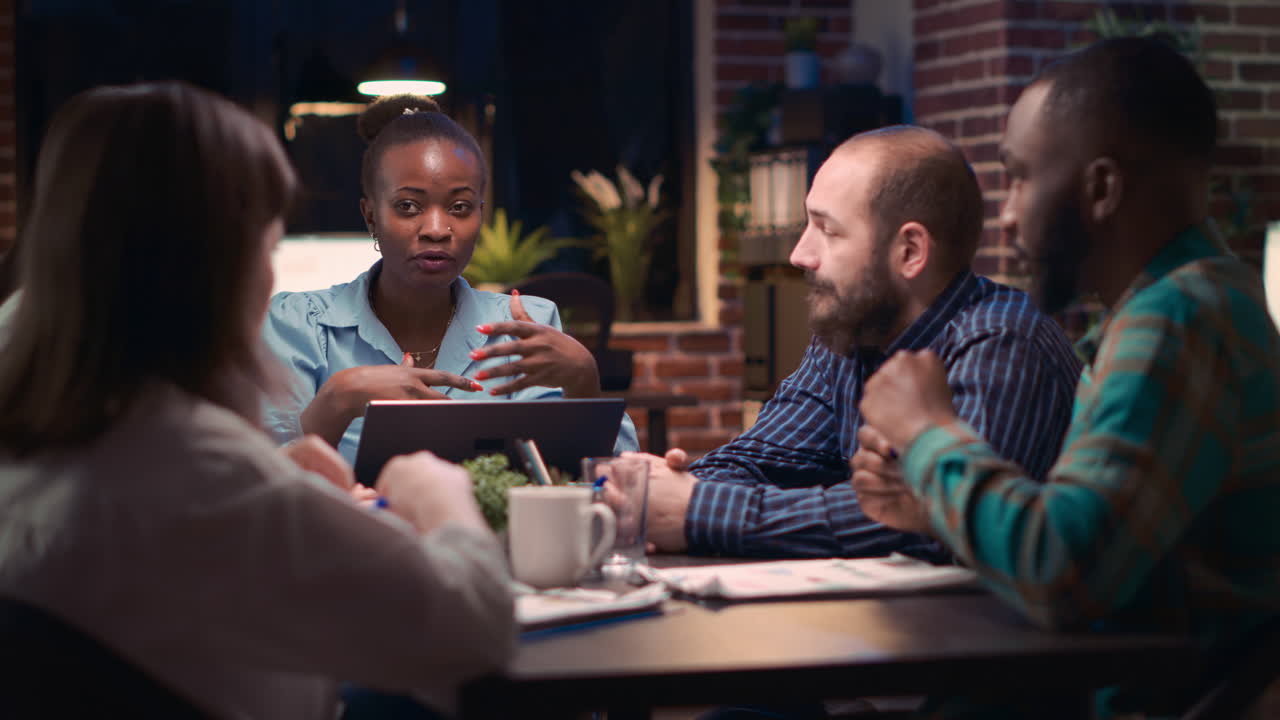Strategic planning business meeting, african american employee speaking