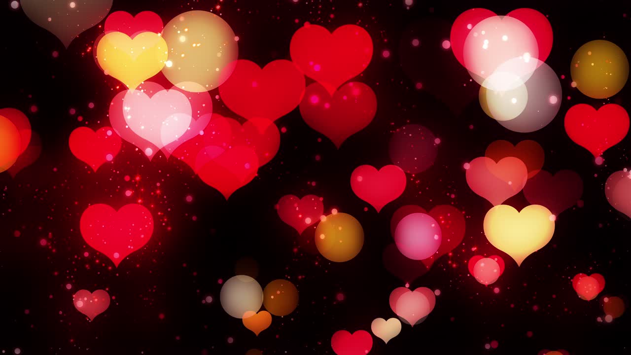 fondo de valentín bokeh con corazones de oro rojo. día de los enamorados. hermosa luz de brillo mágico, partículas, chispas. lujo romántico brillante fondo animado. corazones rojos y dorados. bucle sin costuras