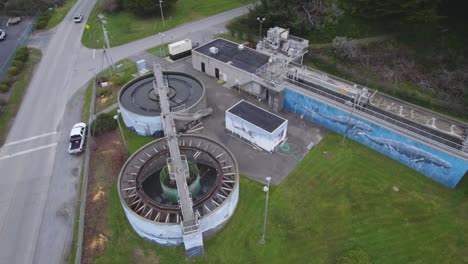 water treatment plant with beautiful murals of whales along roadside