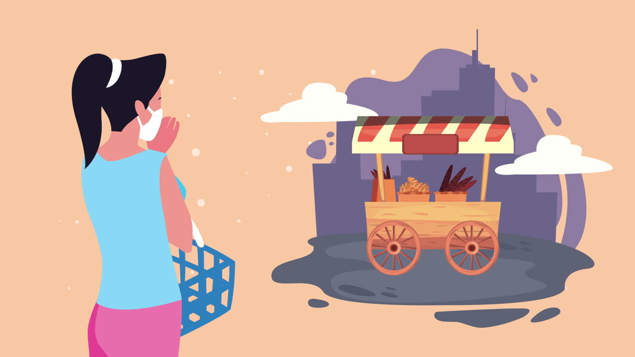 전염병 기간 에 거리 음식 카트 에서 쇼핑 하는 여자