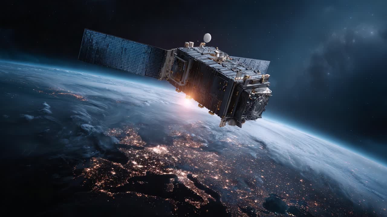 A Majestic Satellite Orbiting Earth Capturing Stunning Views of Our Planet's Landscape and Nighttime Cities Illuminated by Twinkling Lights in the Depths of Space