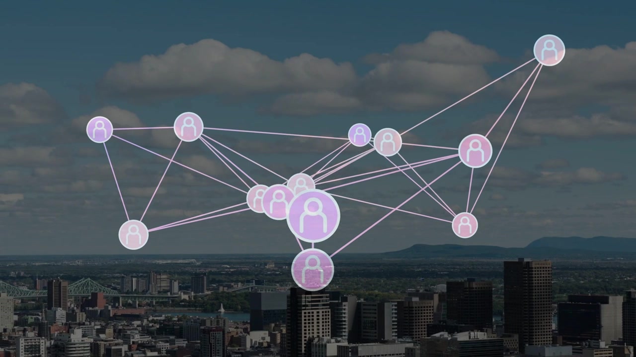 Data pulse initiating pale network, nodes shifting, central node growing, clustering above skyline