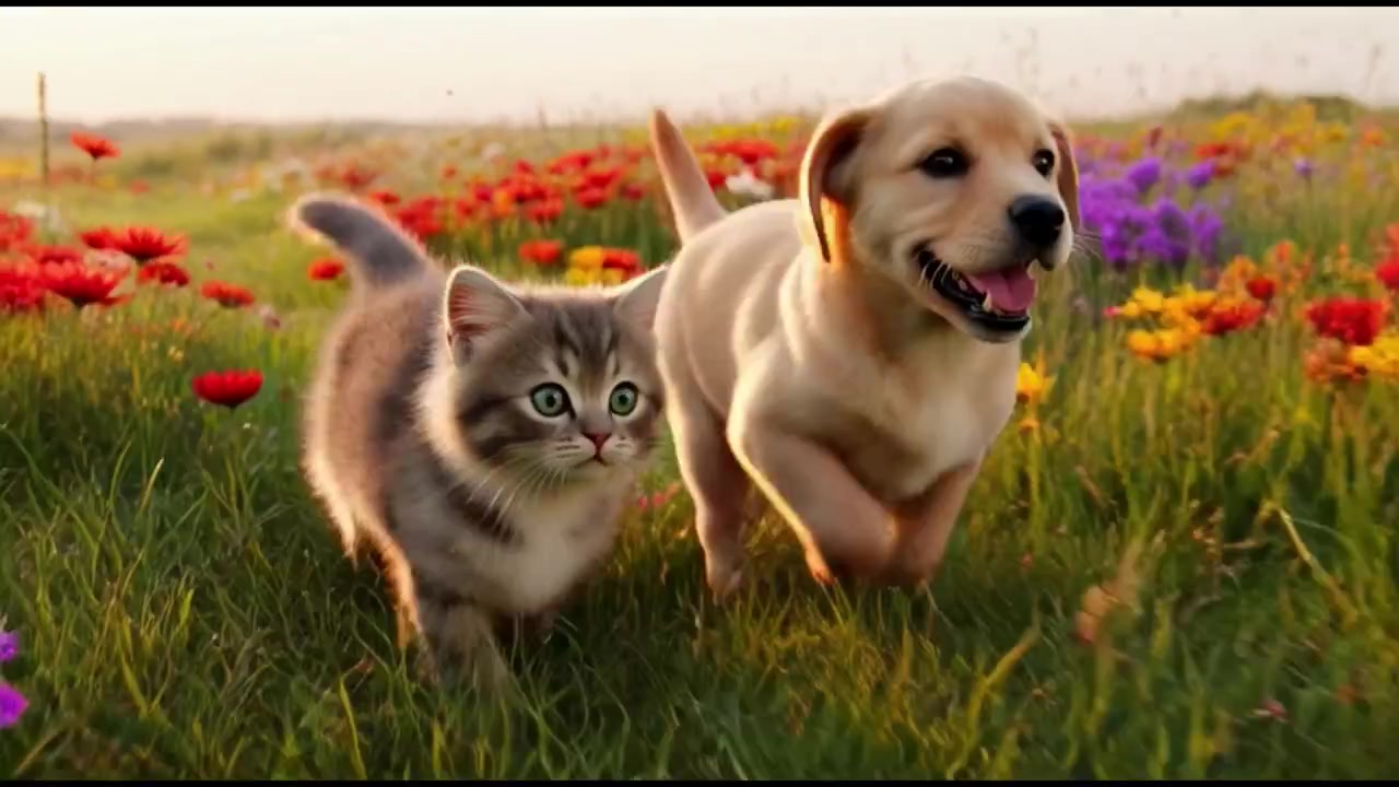 Adorable chiot et chaton courant ensemble dans une prairie fleurie.
