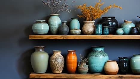 colorful pottery collection displayed on wooden shelves in a cozy space
