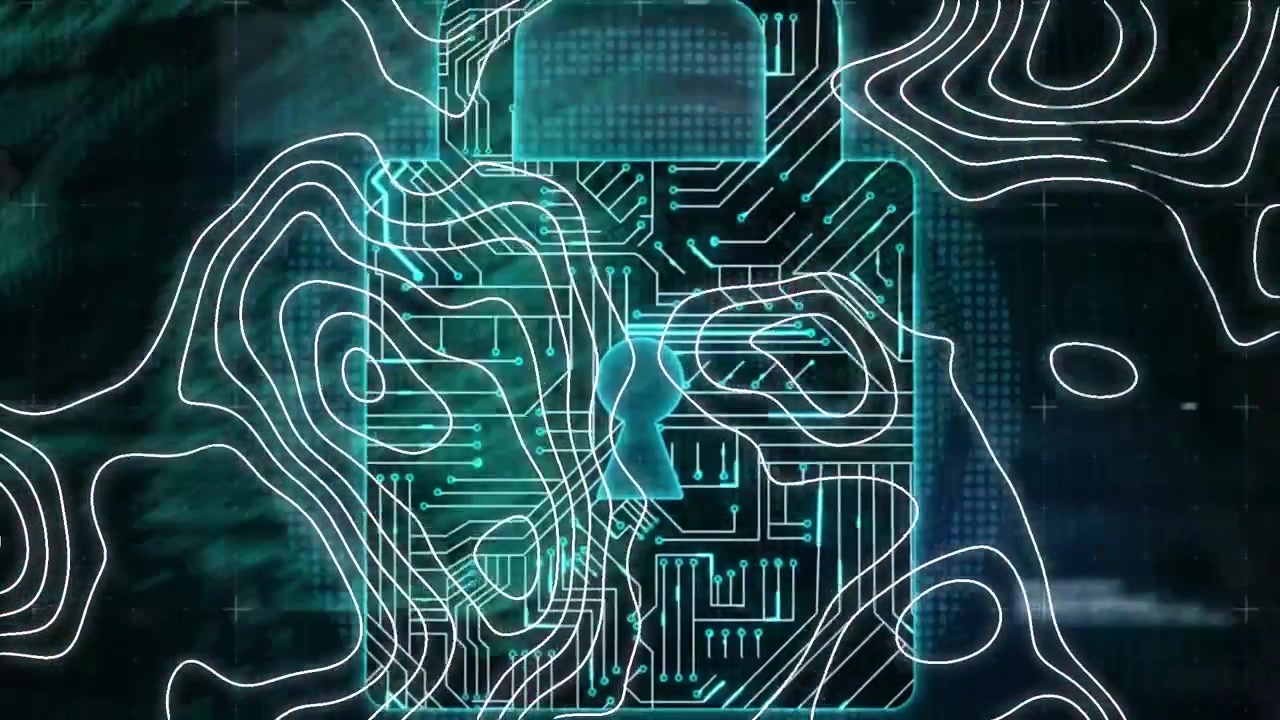 Animation of digital padlock over folders and data processing on black background