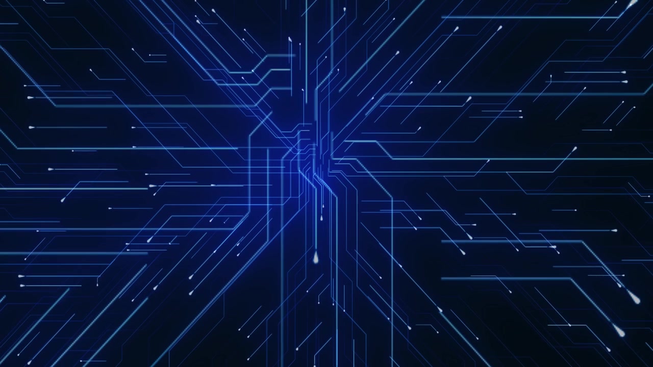 Dark blue circuitry motion visual with layered electronic routes sharp neon paths central