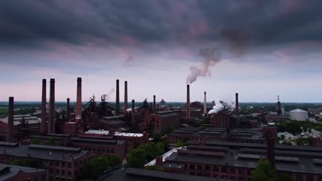 aerial view of an old industrial complex under dramatic skies with emissions rising from smokestacks and urban environment surrounding the manufacturing facility