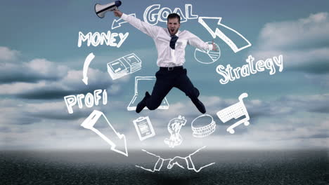 businessman jumping in front of animated business plan cycle