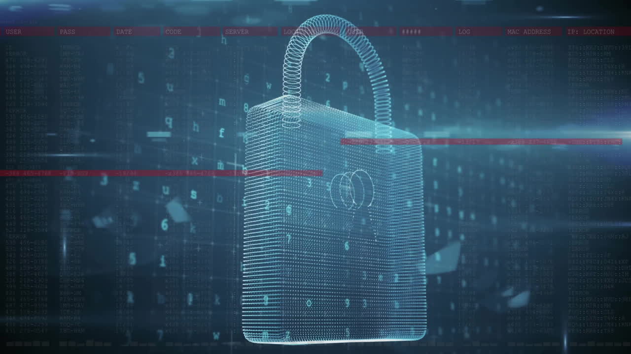 Animation of padlock icon and data processing on black background