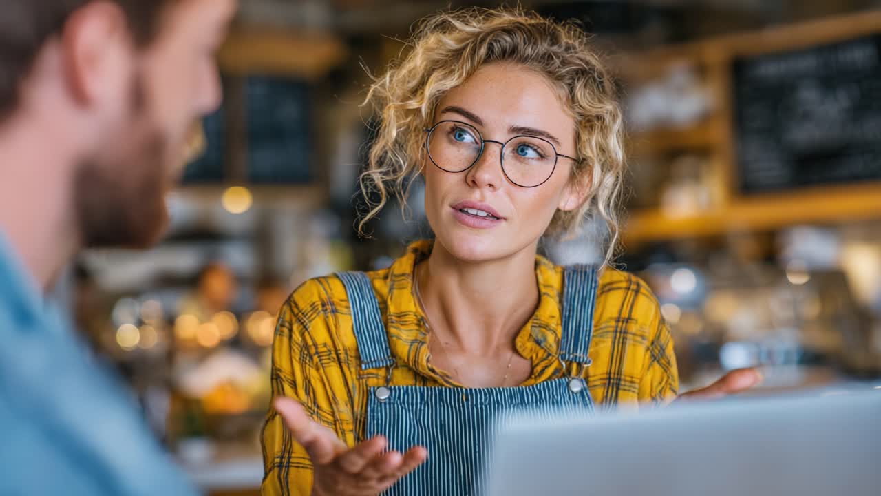 A Young Woman Engages in a Meaningful Conversation in a Cozy Café Setting, Expressing Thoughts with an Open Laptop Nearby