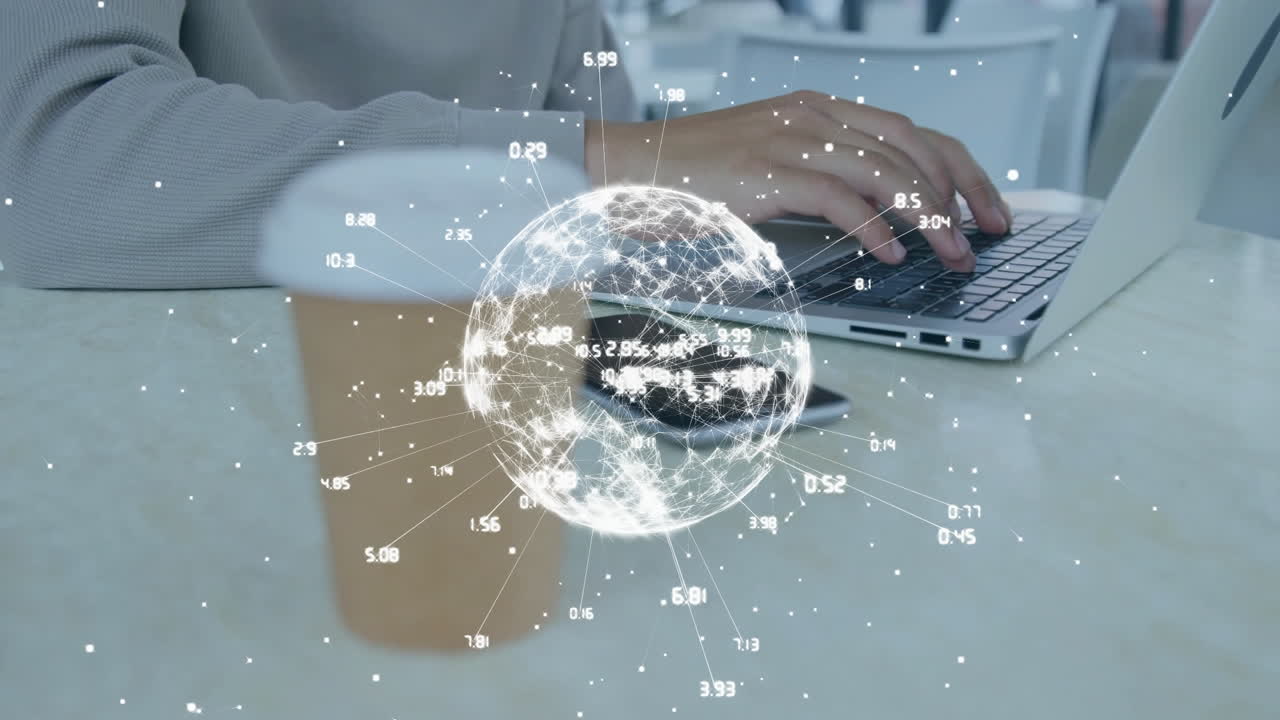 노트북을 사용하는 두 인종 남성의 데이터 처리 및 지구상의 애니메이션