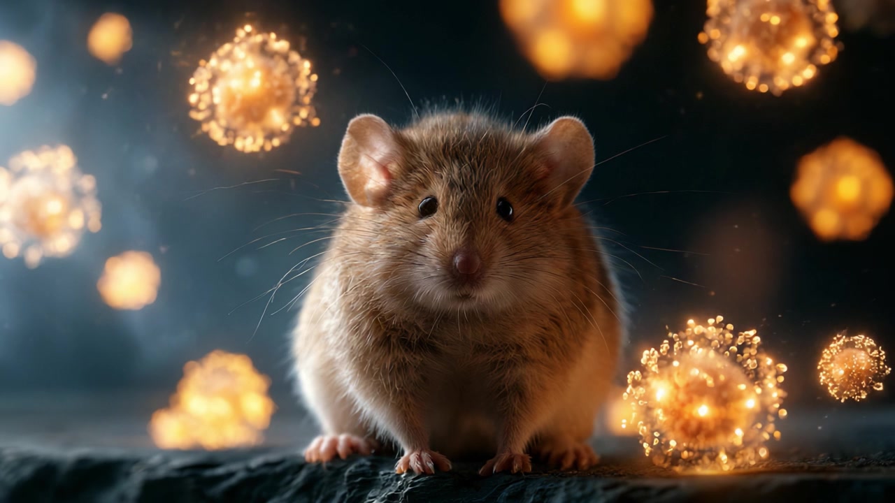 Un primo piano accattivante di un roditore curioso circondato da mistiche sfere di luce, che ne evidenzia le caratteristiche su uno sfondo scuro.