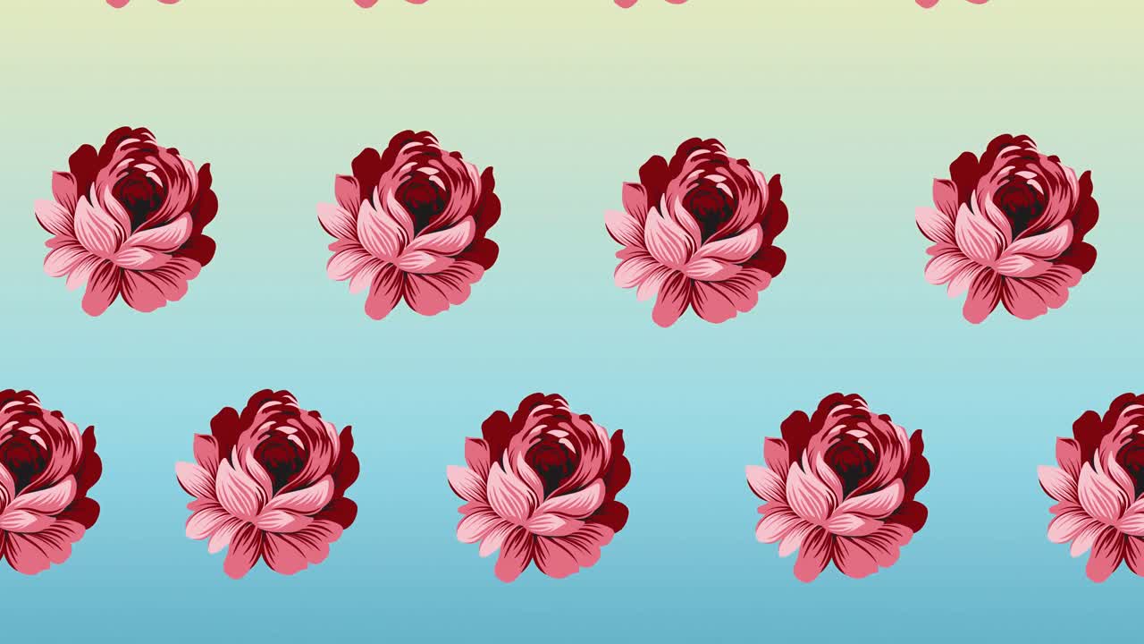 Composition of rows of pink flowers moving on blue background
