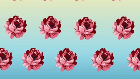 composición de filas de flores rosadas que se mueven sobre un fondo azul