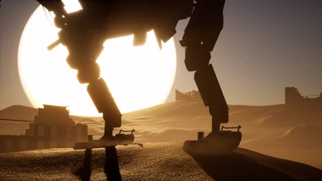 A-huge-Mech-Robot-standing-in-the-desert-in-front-of-a-large-sun,-with-destroyed-buildings-and-debris-all-over,-dystopian-scenery,-3D-animation