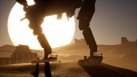 un enorme robot mecánico parado en el desierto frente a un gran sol, con edificios destruidos y escombros por todas partes, paisajes distópicos, animación 3d