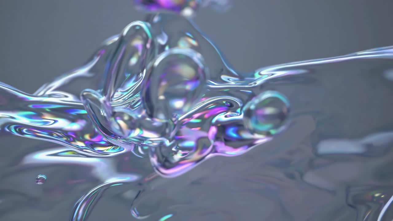 Video astratto di onde liquide iridescenti in primo piano, che mostra il movimento fluido e colori vibranti