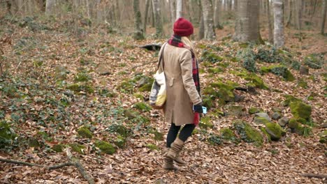 Rückansicht-Einer-Frau,-Die-Im-Wald-Spazieren-Geht-Und-Hüpft