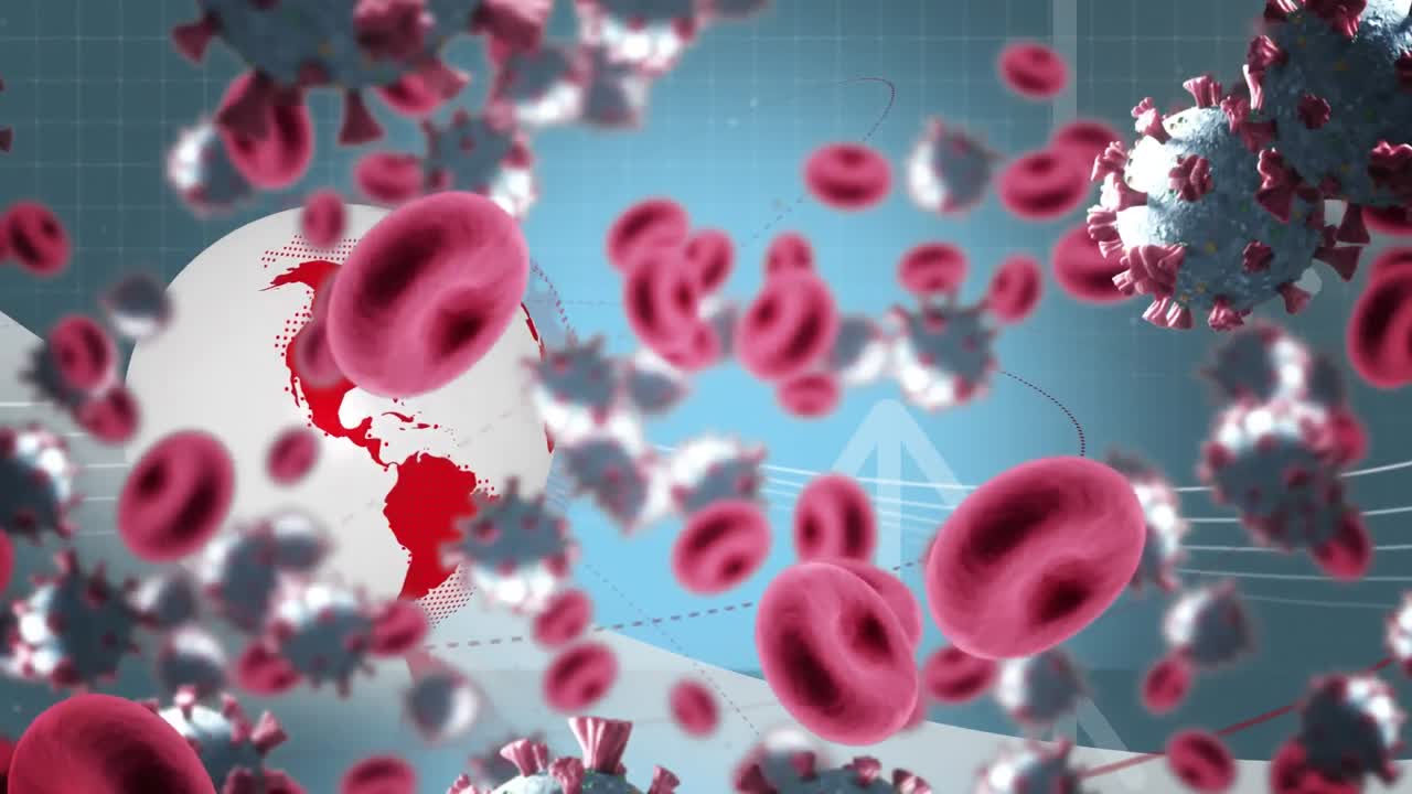 지구와 그리드 위를 날아다니는 코로나19 세포의 애니메이션