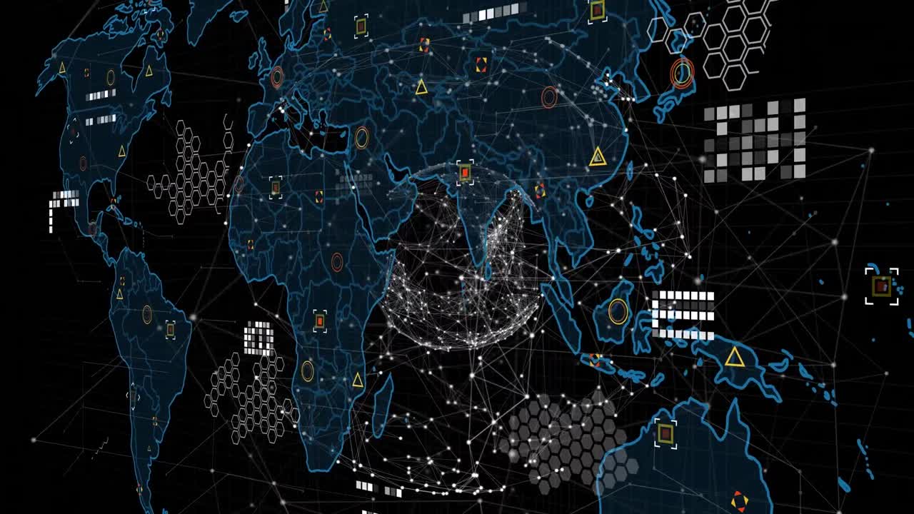 World map over globe of network of connections against black background