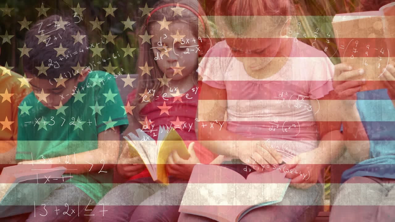 animación de ecuaciones matemáticas y bandera de los ee.uu. sobre diversos escolares.