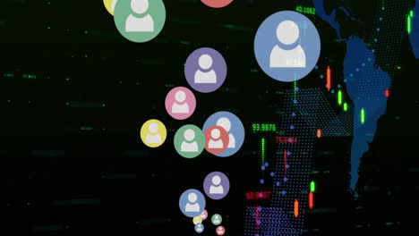 iconos digitales sobre el procesamiento de datos financieros contra el mapa del mundo